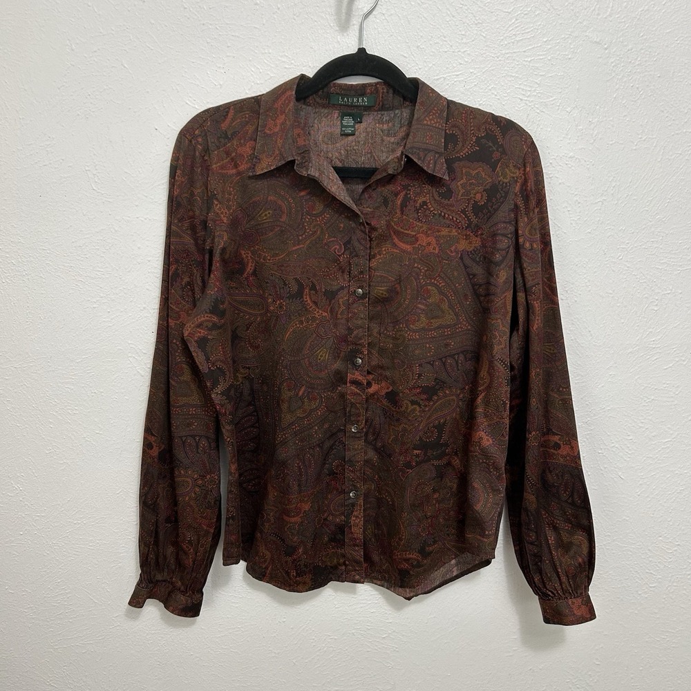 Lauren Ralph Lauren Brown Paisley Shirt Blouse Button Front Sz L Academia Preppy